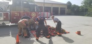 firefighters using wipes to clean themselves